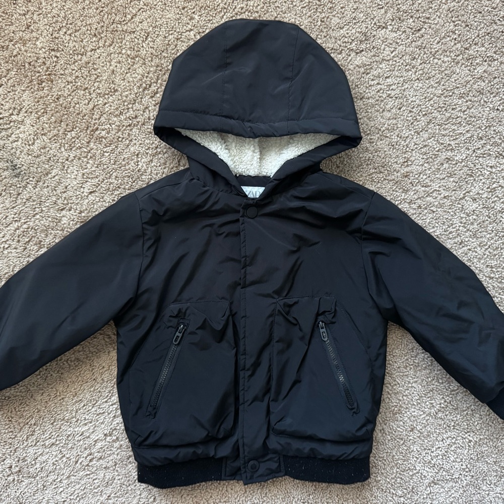 Zara Kids Black Hooded Sherpa lined Jacket